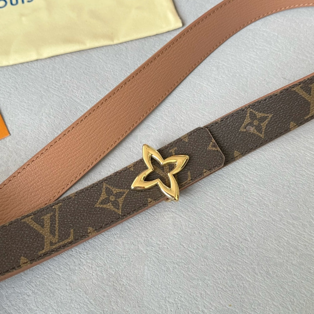 LV Flowergram 30mm Reversible Belt Gold Buckle Beige Brown Leather