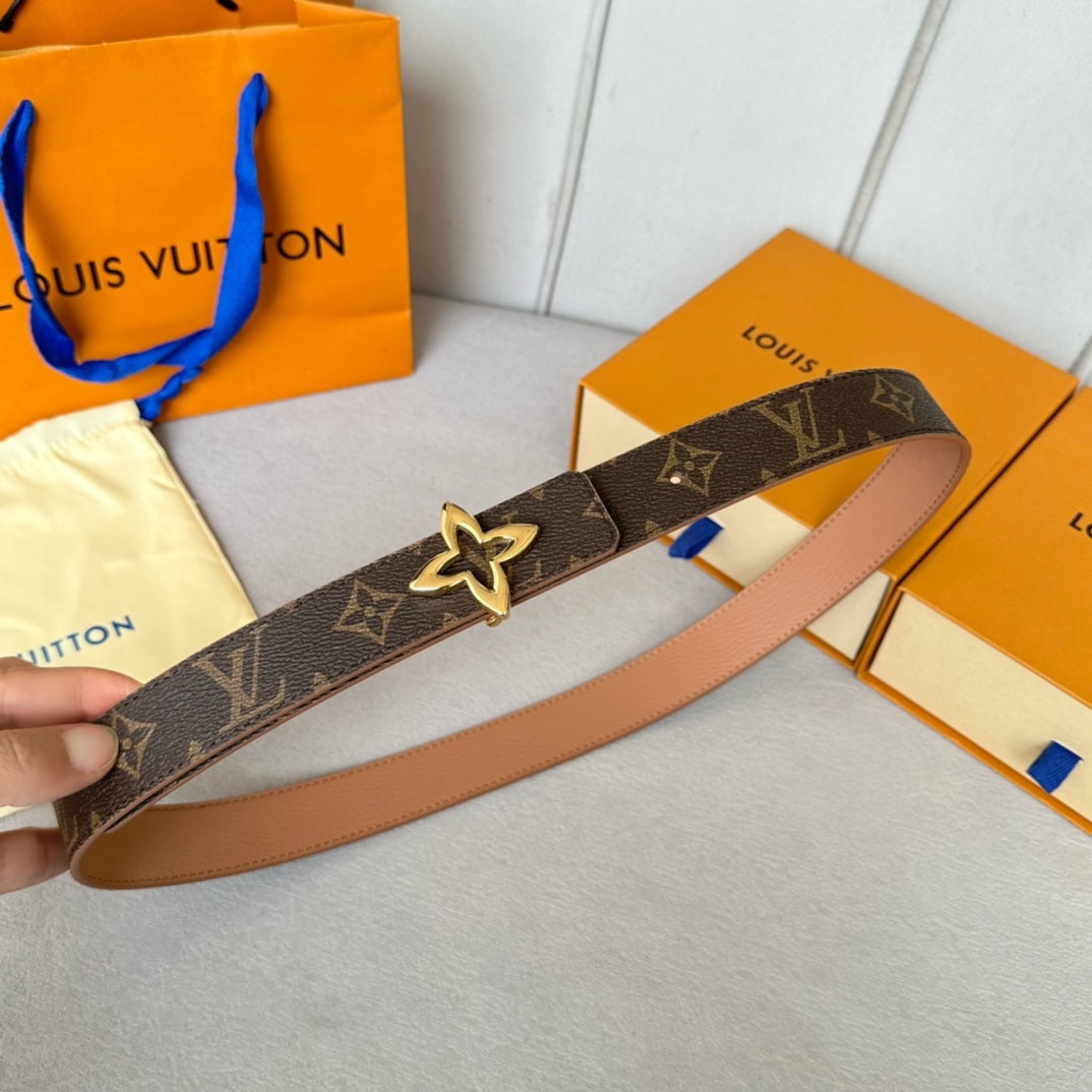 LV  MINI FLOWERGRAM 30MM REVERSIBLE BELT IN BUFF BROWN CALFSKIN GOLD HARDWARE