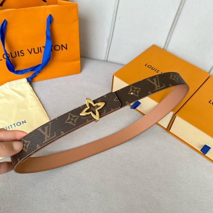 LV  MINI FLOWERGRAM 30MM REVERSIBLE BELT IN BUFF BROWN CALFSKIN GOLD HARDWARE