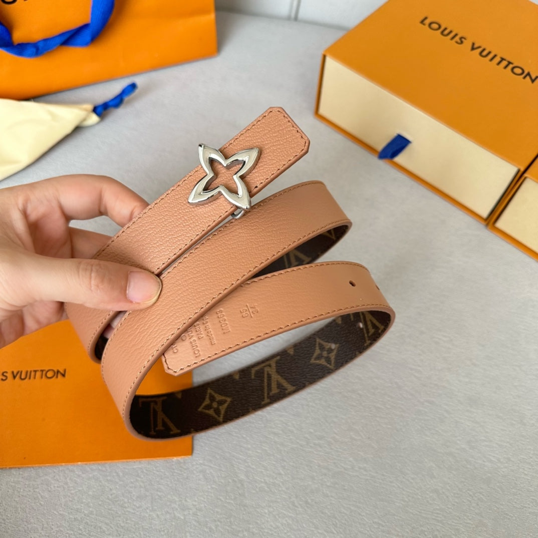LV  MINI FLOWERGRAM 30MM REVERSIBLE BELT IN BUFF BROWN CALFSKIN SILVER HARDWARE