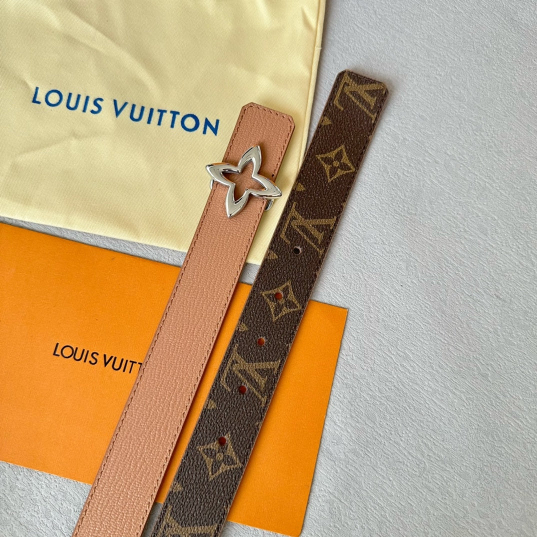 LV  MINI FLOWERGRAM 30MM REVERSIBLE BELT IN BUFF BROWN CALFSKIN SILVER HARDWARE