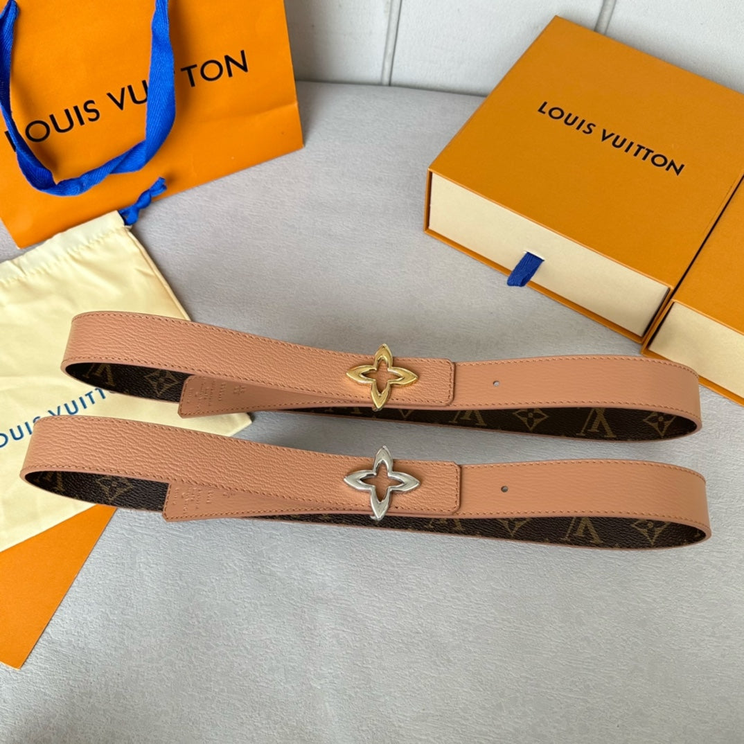 LV  MINI FLOWERGRAM 30MM REVERSIBLE BELT IN BUFF BROWN CALFSKIN SILVER HARDWARE