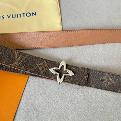 LV  MINI FLOWERGRAM 30MM REVERSIBLE BELT IN BUFF BROWN CALFSKIN SILVER HARDWARE
