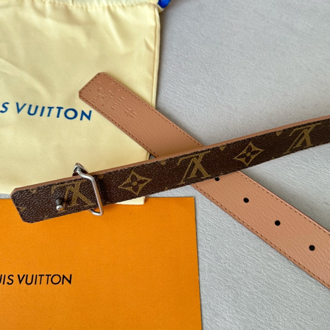 LV  MINI FLOWERGRAM 30MM REVERSIBLE BELT IN BUFF BROWN CALFSKIN SILVER HARDWARE