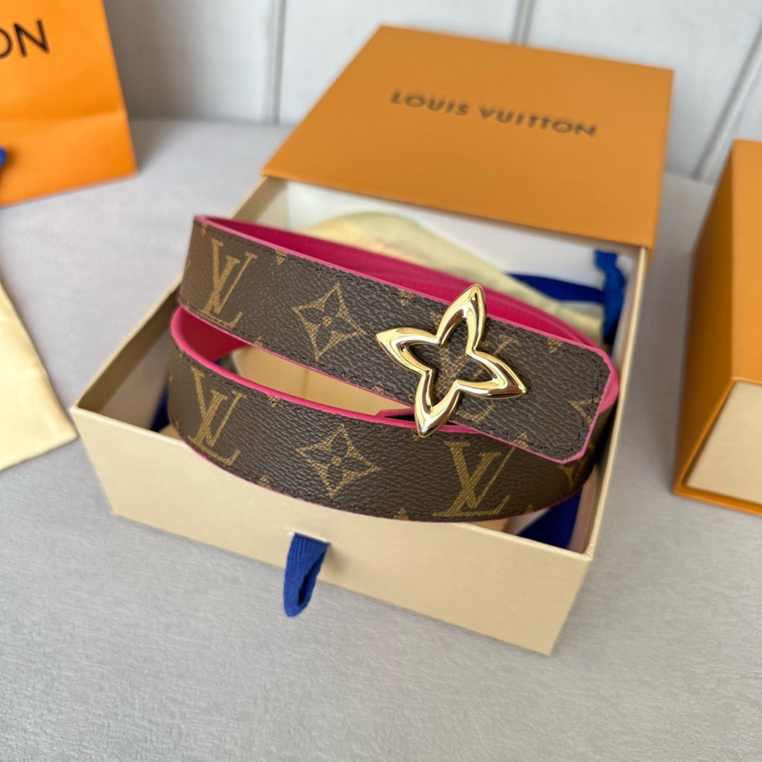 LV  MINI FLOWERGRAM 30MM REVERSIBLE BELT IN BRIGHT PINK CALFSKIN GOLD HARDWARE