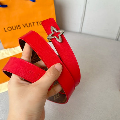 LV  MINI FLOWERGRAM 30MM REVERSIBLE BELT IN CHERRY RED CALFSKIN SILVER HARDWARE