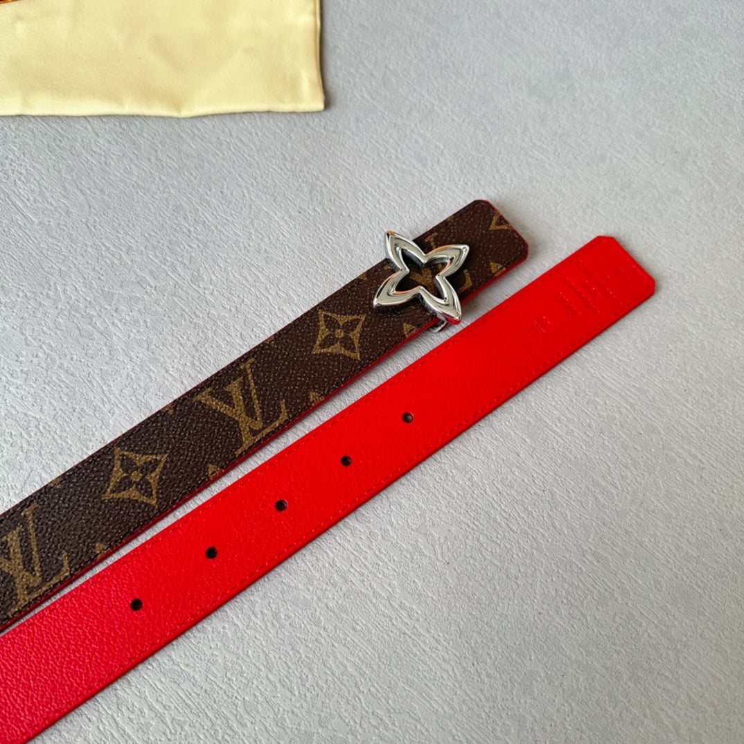 LV  MINI FLOWERGRAM 30MM REVERSIBLE BELT IN CHERRY RED CALFSKIN SILVER HARDWARE