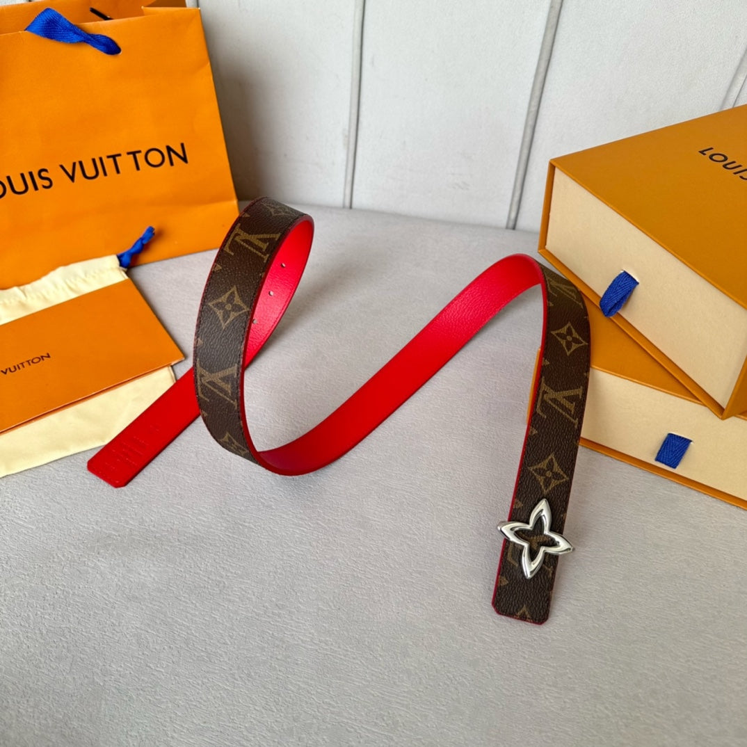 LV  MINI FLOWERGRAM 30MM REVERSIBLE BELT IN CHERRY RED CALFSKIN SILVER HARDWARE