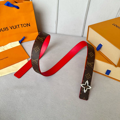 LV  MINI FLOWERGRAM 30MM REVERSIBLE BELT IN CHERRY RED CALFSKIN SILVER HARDWARE