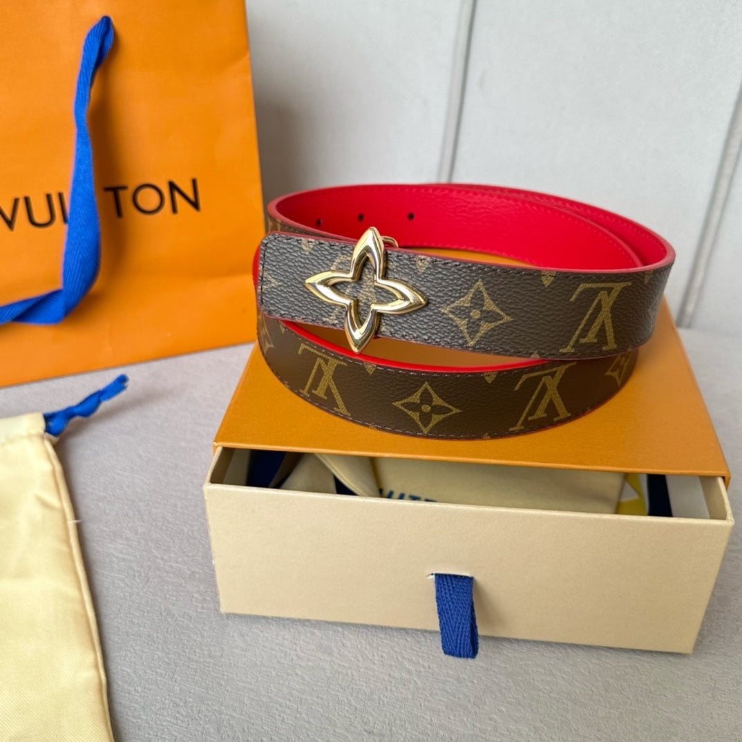 LV  MINI FLOWERGRAM 30MM REVERSIBLE BELT IN CHERRY RED CALFSKIN GOLD HARDWARE