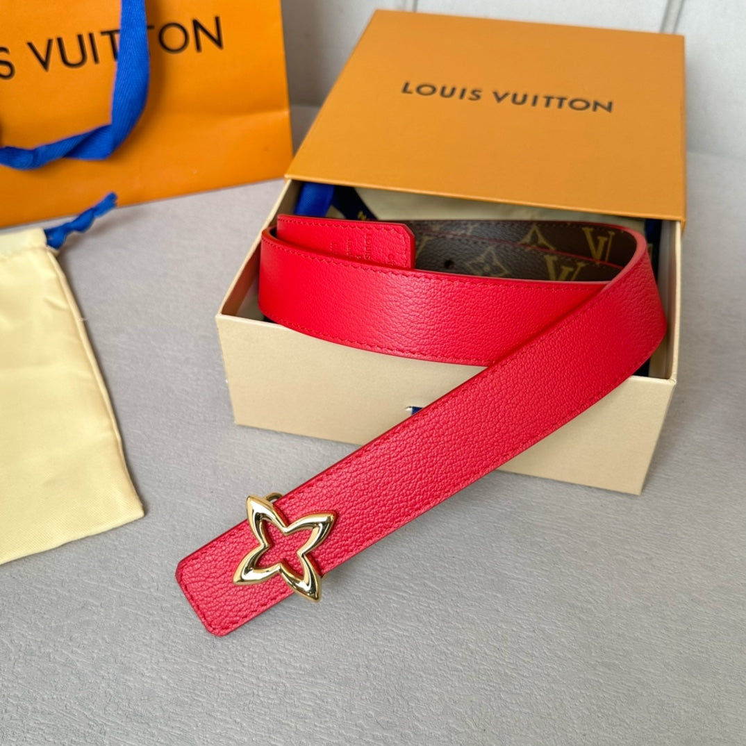 LV  MINI FLOWERGRAM 30MM REVERSIBLE BELT IN CHERRY RED CALFSKIN GOLD HARDWARE