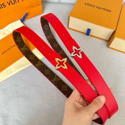 LV  MINI FLOWERGRAM 30MM REVERSIBLE BELT IN CHERRY RED CALFSKIN GOLD HARDWARE