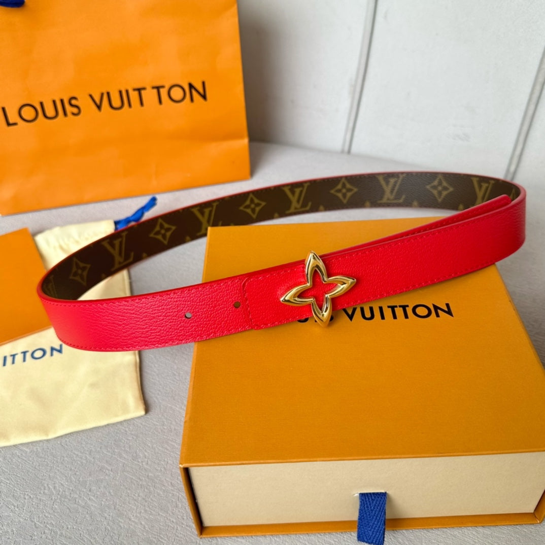 LV  MINI FLOWERGRAM 30MM REVERSIBLE BELT IN CHERRY RED CALFSKIN GOLD HARDWARE