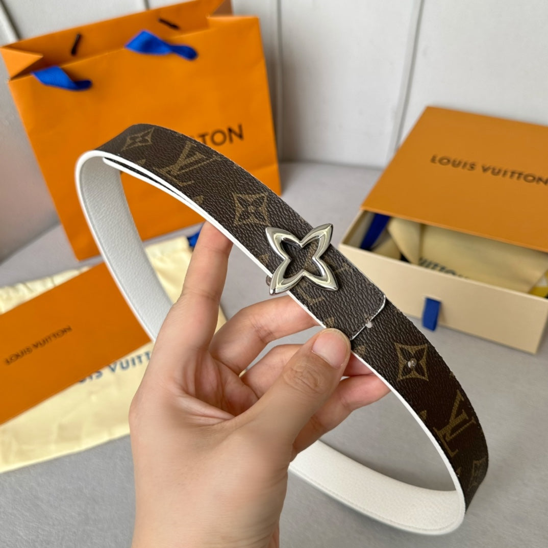 LV  MINI FLOWERGRAM 30MM REVERSIBLE BELT IN WHITE CALFSKIN SILVER HARDWARE