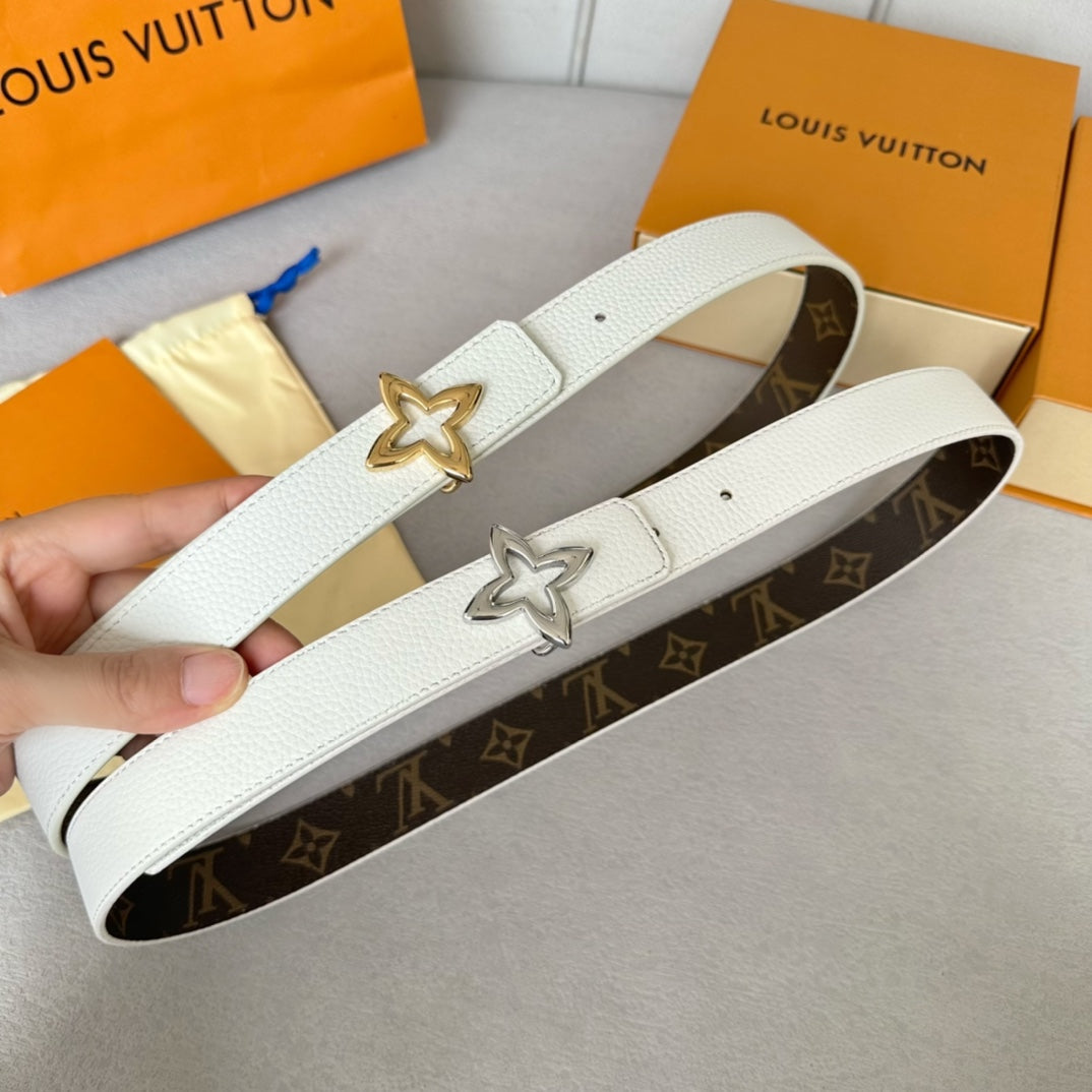 LV  MINI FLOWERGRAM 30MM REVERSIBLE BELT IN WHITE CALFSKIN SILVER HARDWARE