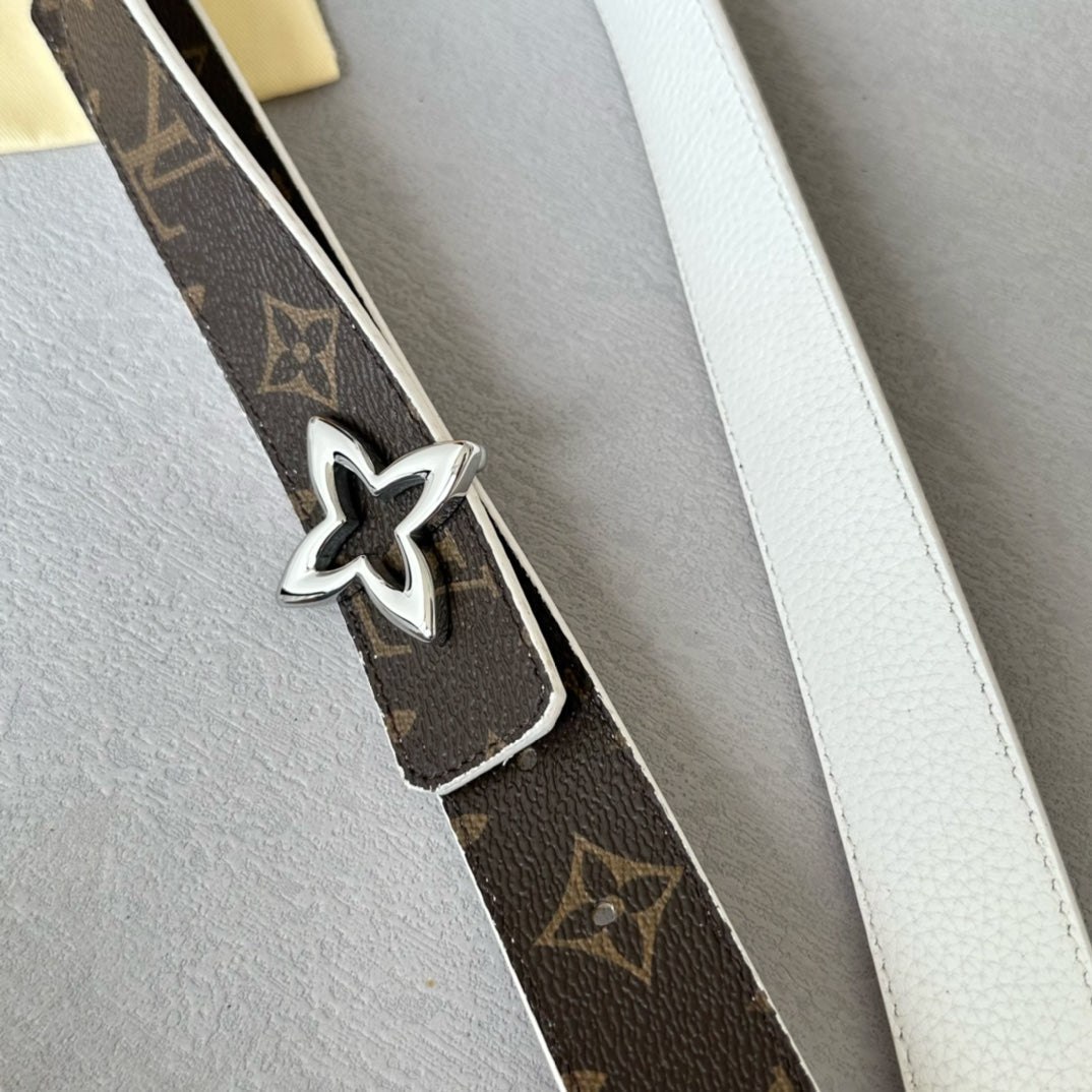 LV  MINI FLOWERGRAM 30MM REVERSIBLE BELT IN WHITE CALFSKIN SILVER HARDWARE