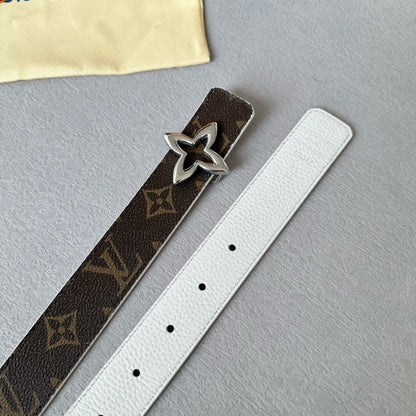 LV  MINI FLOWERGRAM 30MM REVERSIBLE BELT IN WHITE CALFSKIN SILVER HARDWARE