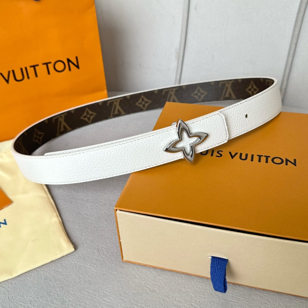 LV  MINI FLOWERGRAM 30MM REVERSIBLE BELT IN WHITE CALFSKIN SILVER HARDWARE