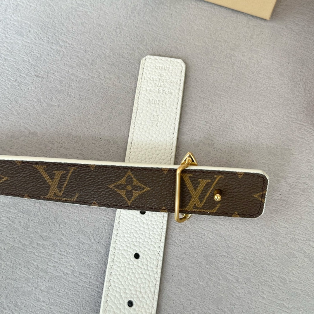 LV  MINI FLOWERGRAM 30MM REVERSIBLE BELT IN WHITE CALFSKIN GOLD HARDWARE