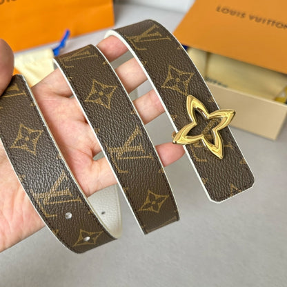 LV  MINI FLOWERGRAM 30MM REVERSIBLE BELT IN WHITE CALFSKIN GOLD HARDWARE