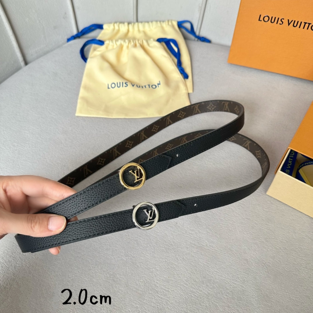 LV Circle 20mm Reversible Belt Gold Buckle Black Brown Leather