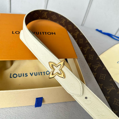 LV  MINI FLOWERGRAM 30MM REVERSIBLE BELT IN WHITE EMBOSSED CALFSKIN GOLD HARDWARE