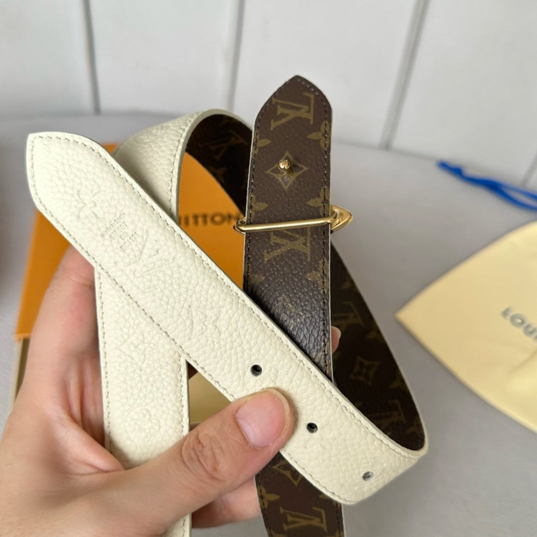 LV  MINI FLOWERGRAM 30MM REVERSIBLE BELT IN WHITE EMBOSSED CALFSKIN GOLD HARDWARE