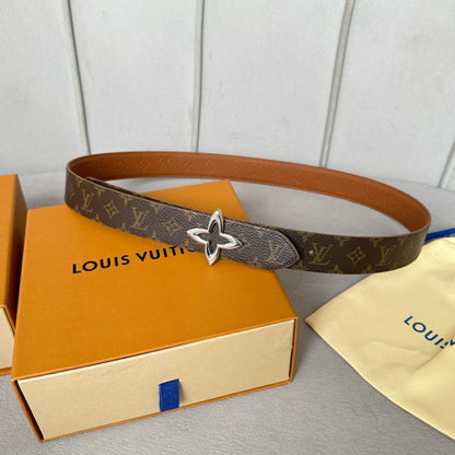 LV  MINI FLOWERGRAM 30MM REVERSIBLE BELT IN BRONZE BROWN EMBOSSED CALFSKIN SILVER HARDWARE