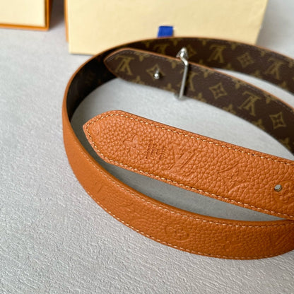 LV  MINI FLOWERGRAM 30MM REVERSIBLE BELT IN BRONZE BROWN EMBOSSED CALFSKIN SILVER HARDWARE