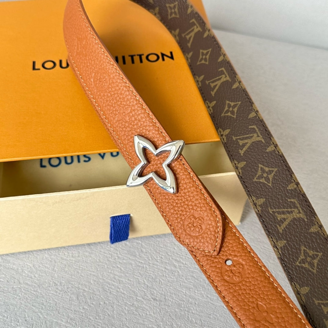 LV  MINI FLOWERGRAM 30MM REVERSIBLE BELT IN BRONZE BROWN EMBOSSED CALFSKIN SILVER HARDWARE