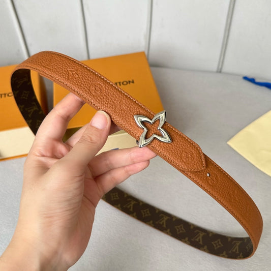 LV  MINI FLOWERGRAM 30MM REVERSIBLE BELT IN BRONZE BROWN EMBOSSED CALFSKIN SILVER HARDWARE