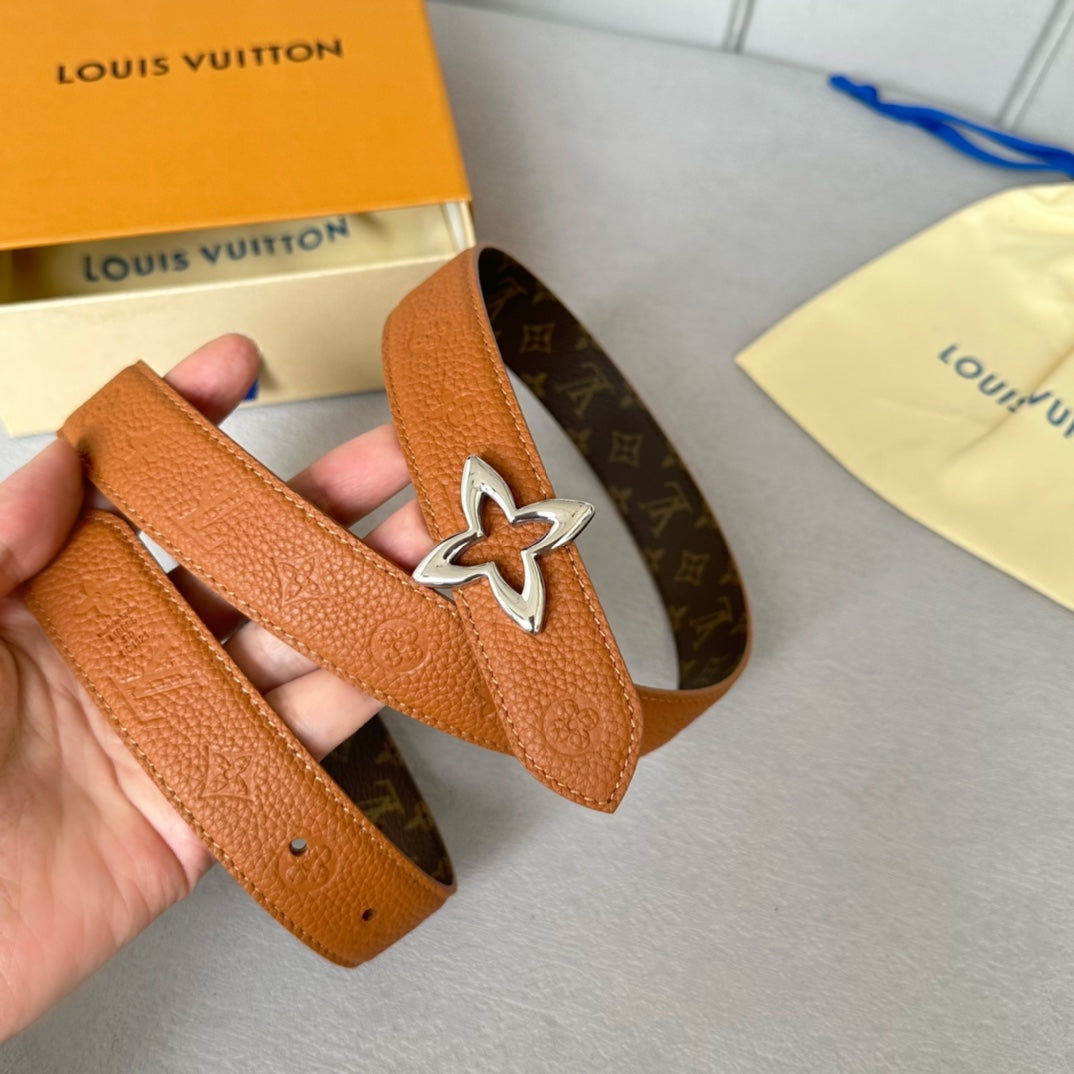 LV  MINI FLOWERGRAM 30MM REVERSIBLE BELT IN BRONZE BROWN EMBOSSED CALFSKIN SILVER HARDWARE