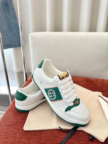 GG SCREENER SNEAKER WHITE AND DARK GREEN CALFSKIN