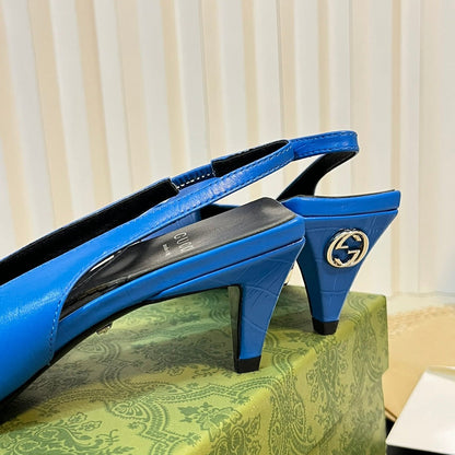 GG Women's G pointed silver-letter Logo slingbacks Azure Blue