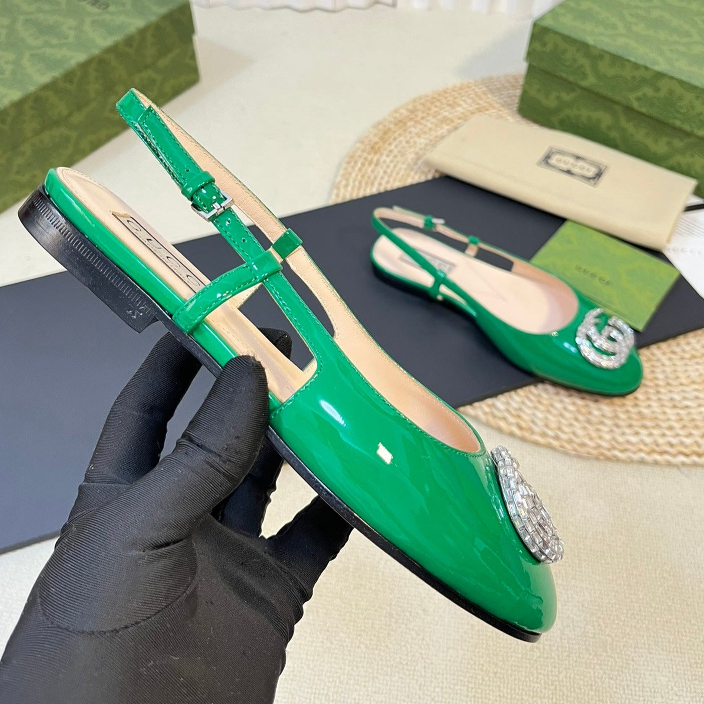 GG Double G patent leather slingback ballet flats Glossy Forest Green
