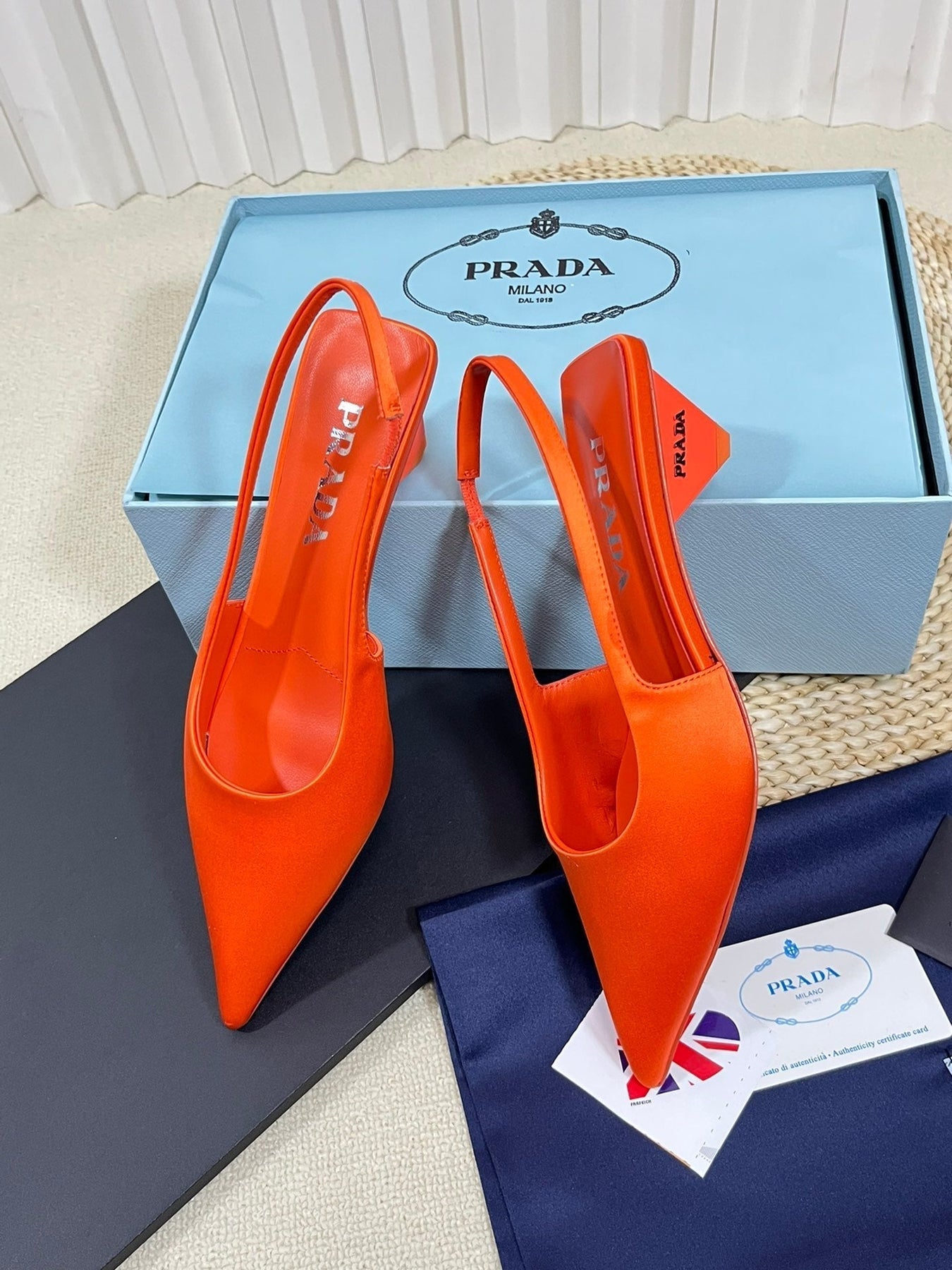 PRA POINTED TOE SLINGBACK PUMPS BRIGHT ORANGE SATIN
