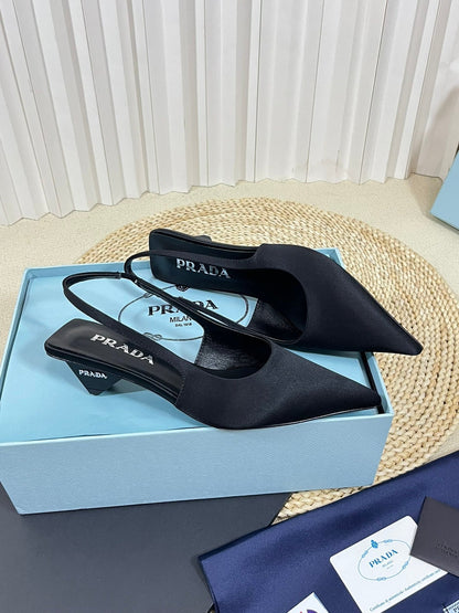 PRA POINTED TOE SLINGBACK PUMPS BLACK SATIN