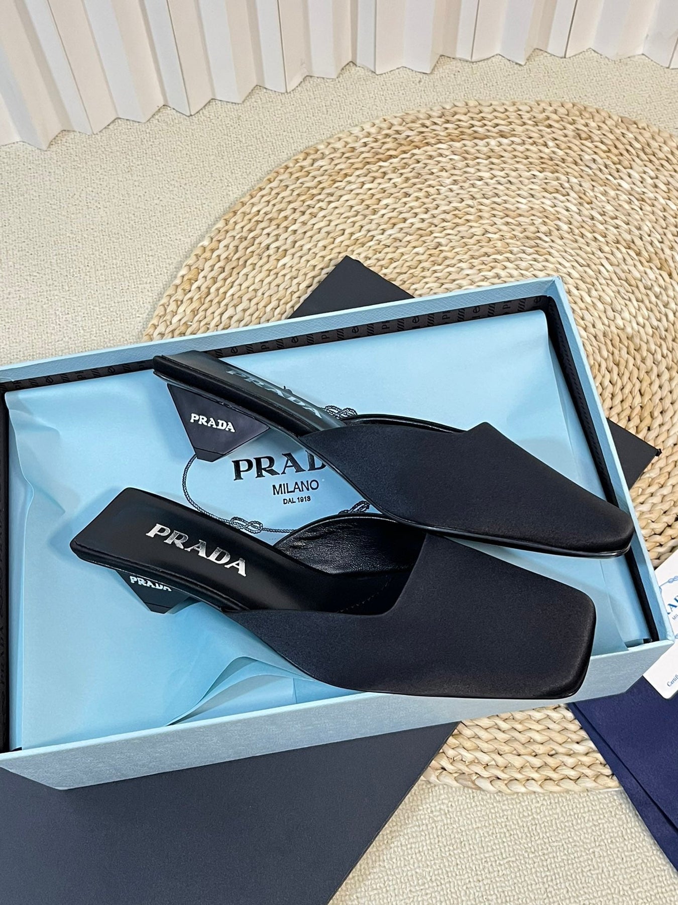 PRA SQUARE TOE MULES BLACK SATIN