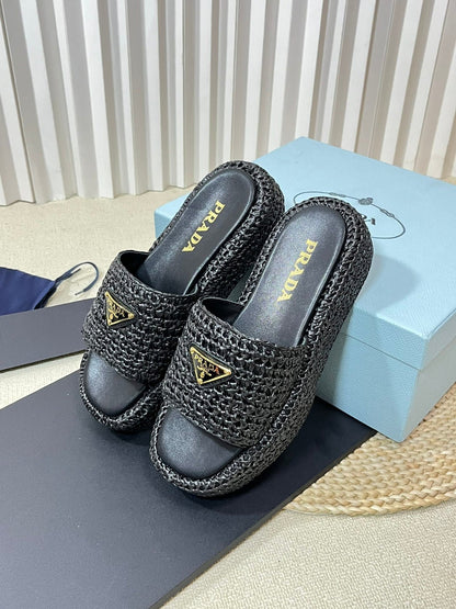 PRA CROCHET FLATFORM SLIDES BLACK RAFFIA