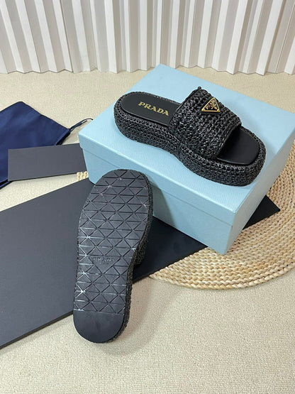 PRA CROCHET FLATFORM SLIDES BLACK RAFFIA