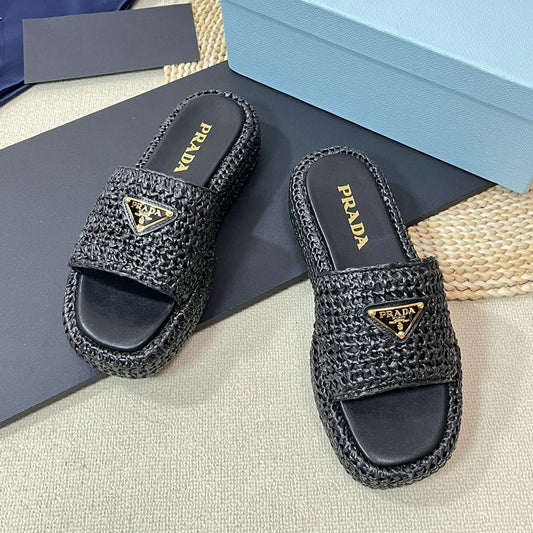PRA CROCHET FLATFORM SLIDES BLACK RAFFIA