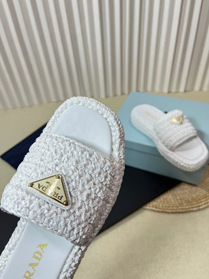 PRA CROCHET FLATFORM SLIDES WHITE RAFFIA