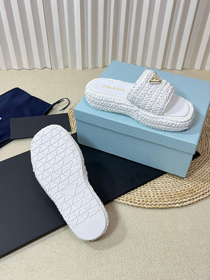 PRA CROCHET FLATFORM SLIDES WHITE RAFFIA