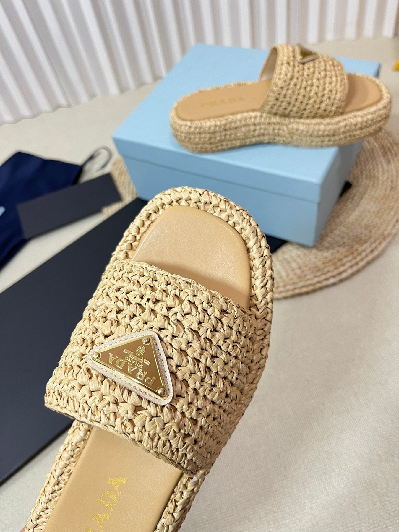 PRA CROCHET FLATFORM SLIDES BEIGE RAFFIA