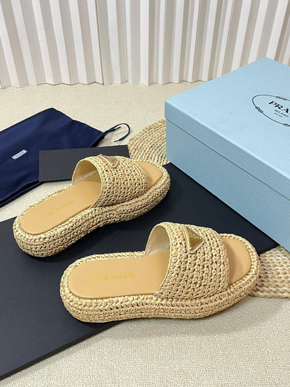 PRA CROCHET FLATFORM SLIDES BEIGE RAFFIA