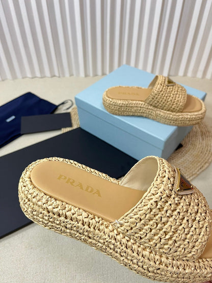 PRA CROCHET FLATFORM SLIDES BEIGE RAFFIA