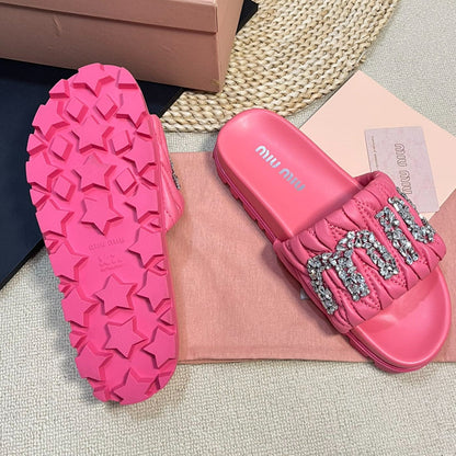 Neon Pink Sheepskin Diamond Slippers