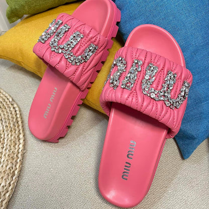Neon Pink Sheepskin Diamond Slippers