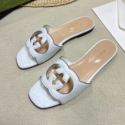 GG Cut Out Slide Sandals White