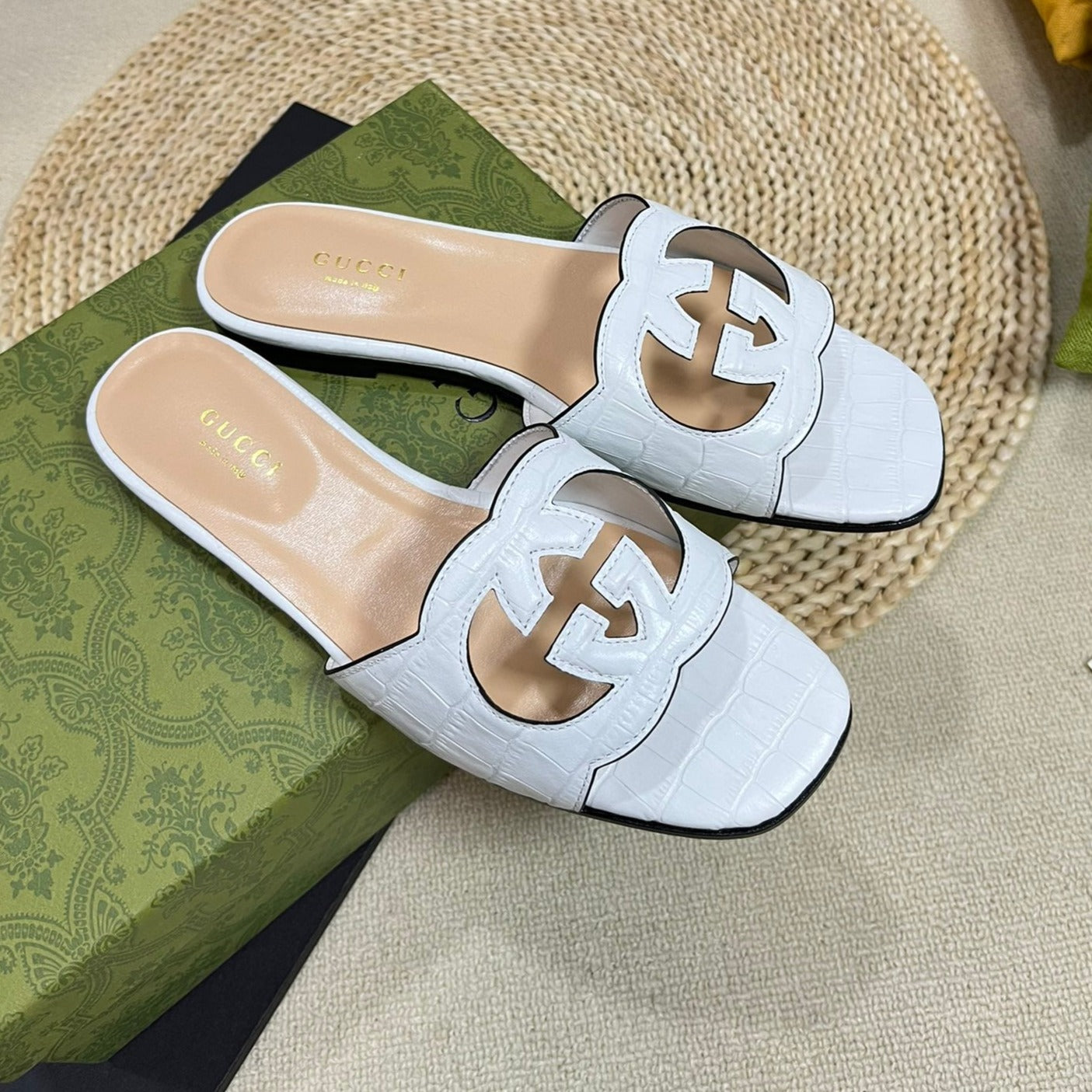 GG Cut Out Slide Sandals White